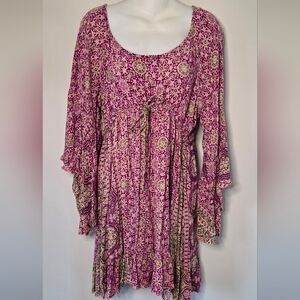 J Gee Boho Gypsy Peasant Open Neck Bell Sleeve Dress Sz L